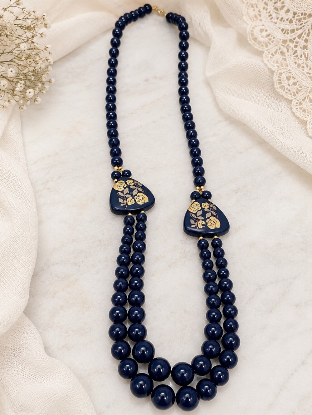 Vintage Japanese Navy Blue & Gold Floral Beaded Necklace
